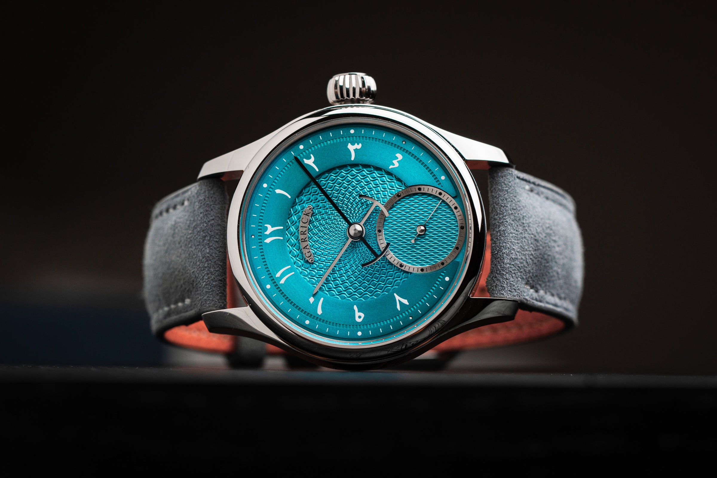 Bespoke British made S4 watch with blue guilloche dial and Arabic numerals