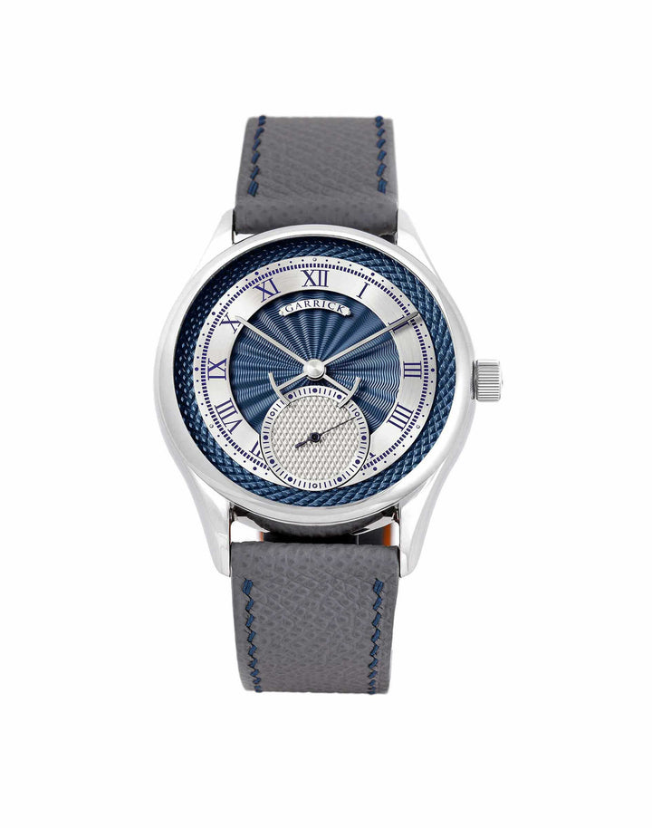English made S7 watch with blue guilloche dial by Garrick Watchmakers