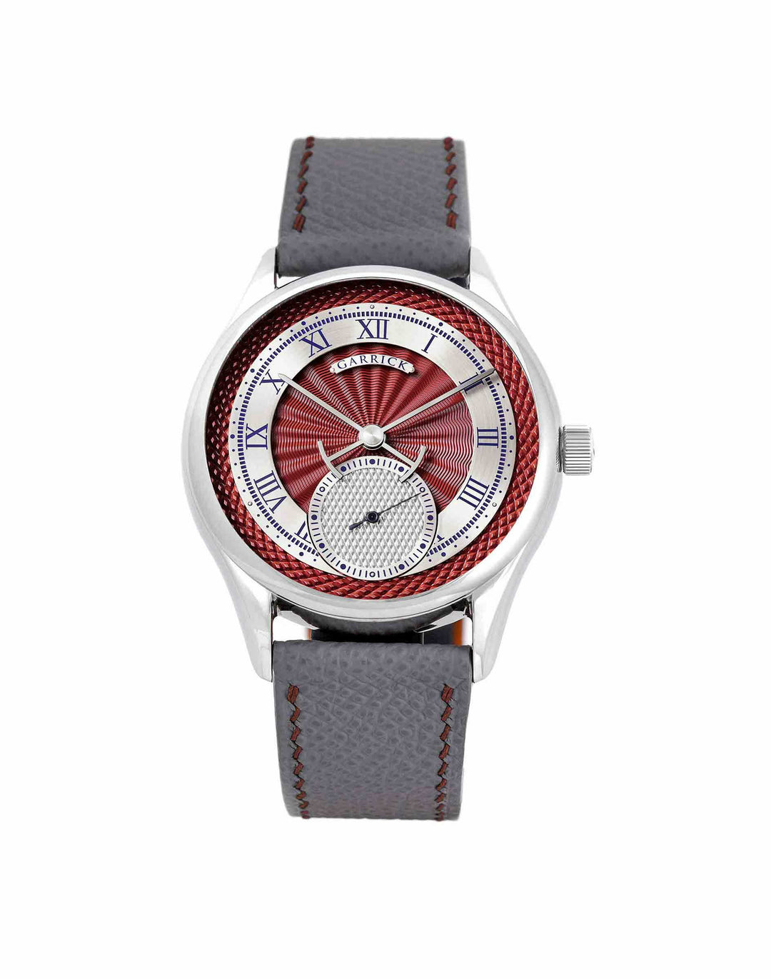 English made S7 watch with red guilloche dial by Garrick Watchmakers
