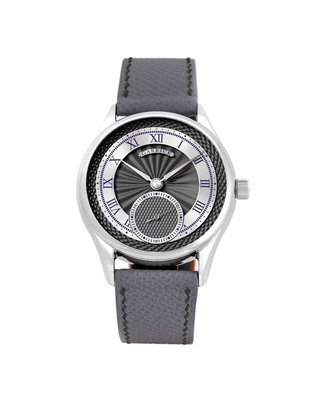 English made S7 watch with rhodium guilloche dial by Garrick Watchmakers