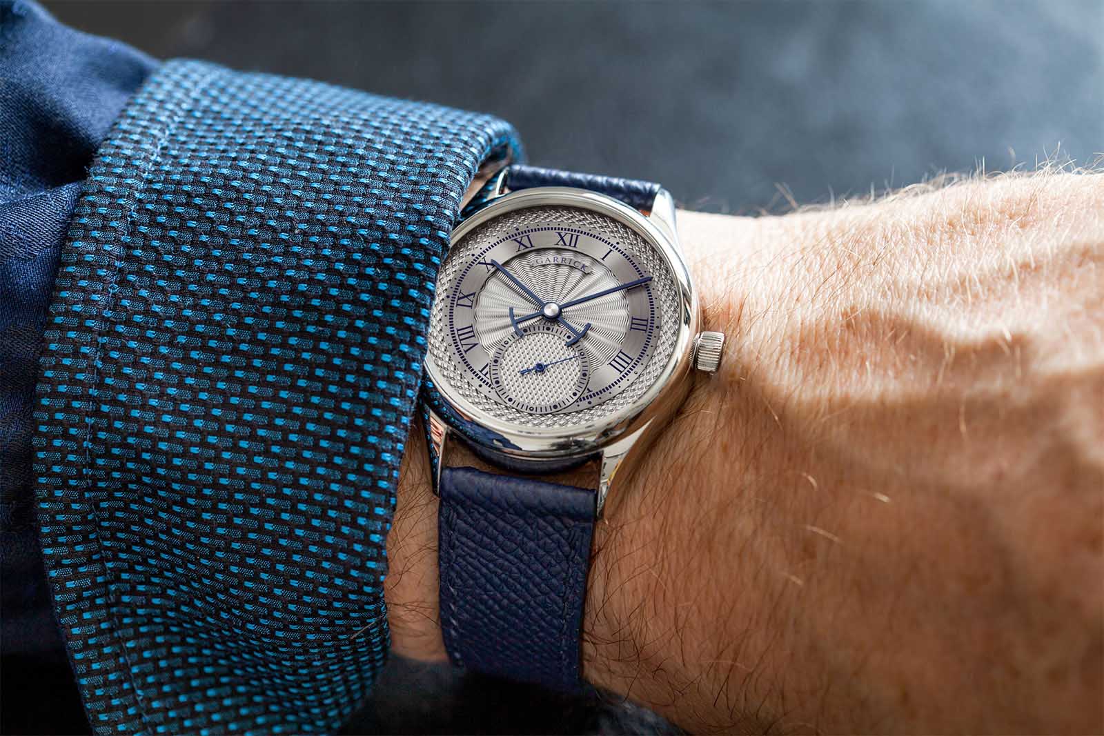 English made S7 watch with rhodium guilloche dial by Garrick Watchmakers