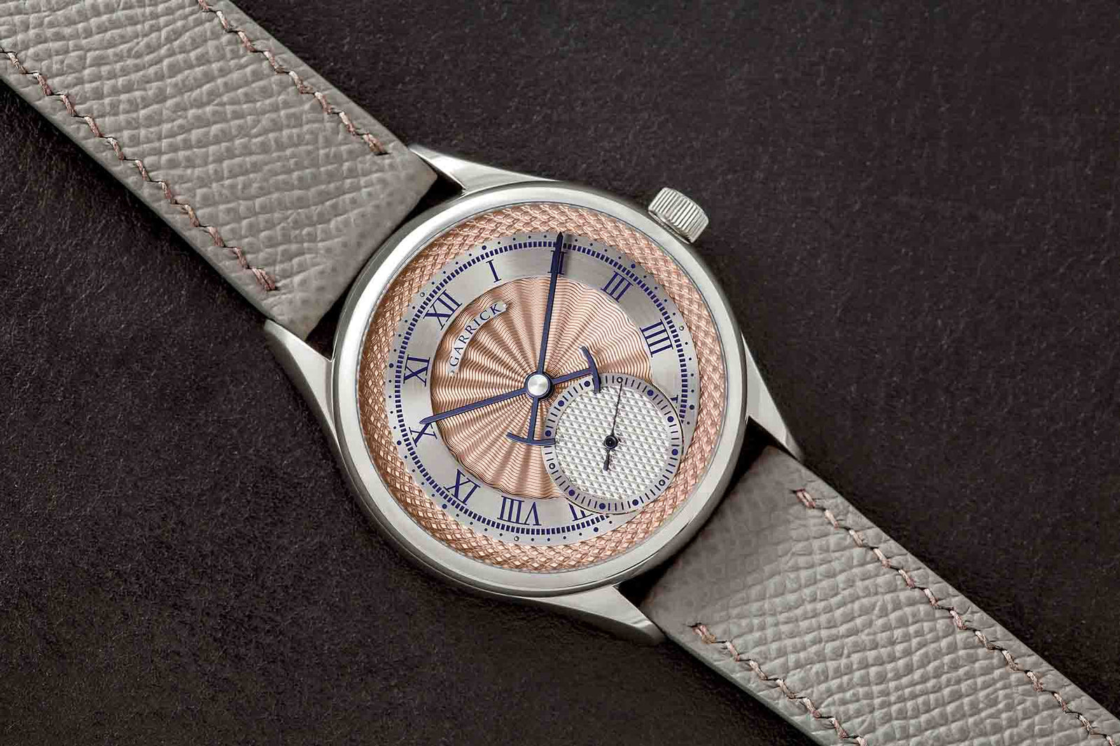 English made S7 watch with pink gold guilloche dial by Garrick Watchmakers