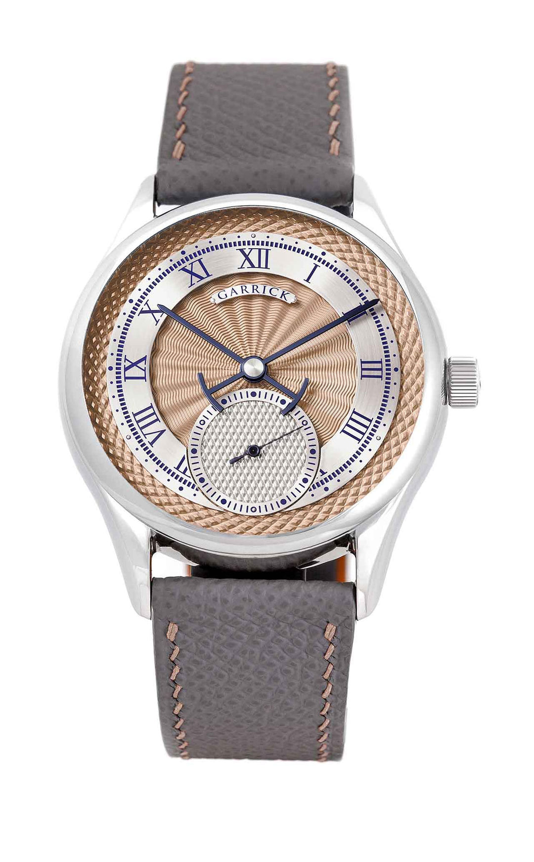 English made S7 watch with pink gold guilloche dial by Garrick Watchmakers