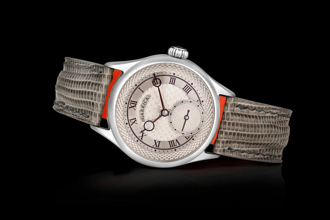 Garrick S7 Frosted Edition Timepiece featuring an in-house engine turned rhodium dial, heat purple observatory hands, textured rhodium movement and frosted case