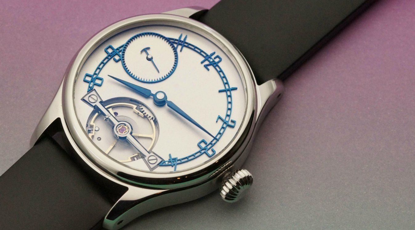 British bespoke watch with skeleton heat blued chapter ring made in England by Garrick Watchmakers