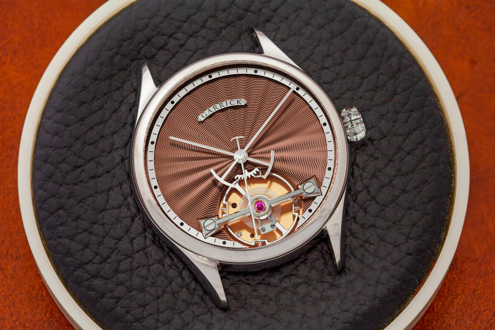 English made deadbeat seconds watch with guilloche dial by Garrick Watchmakers