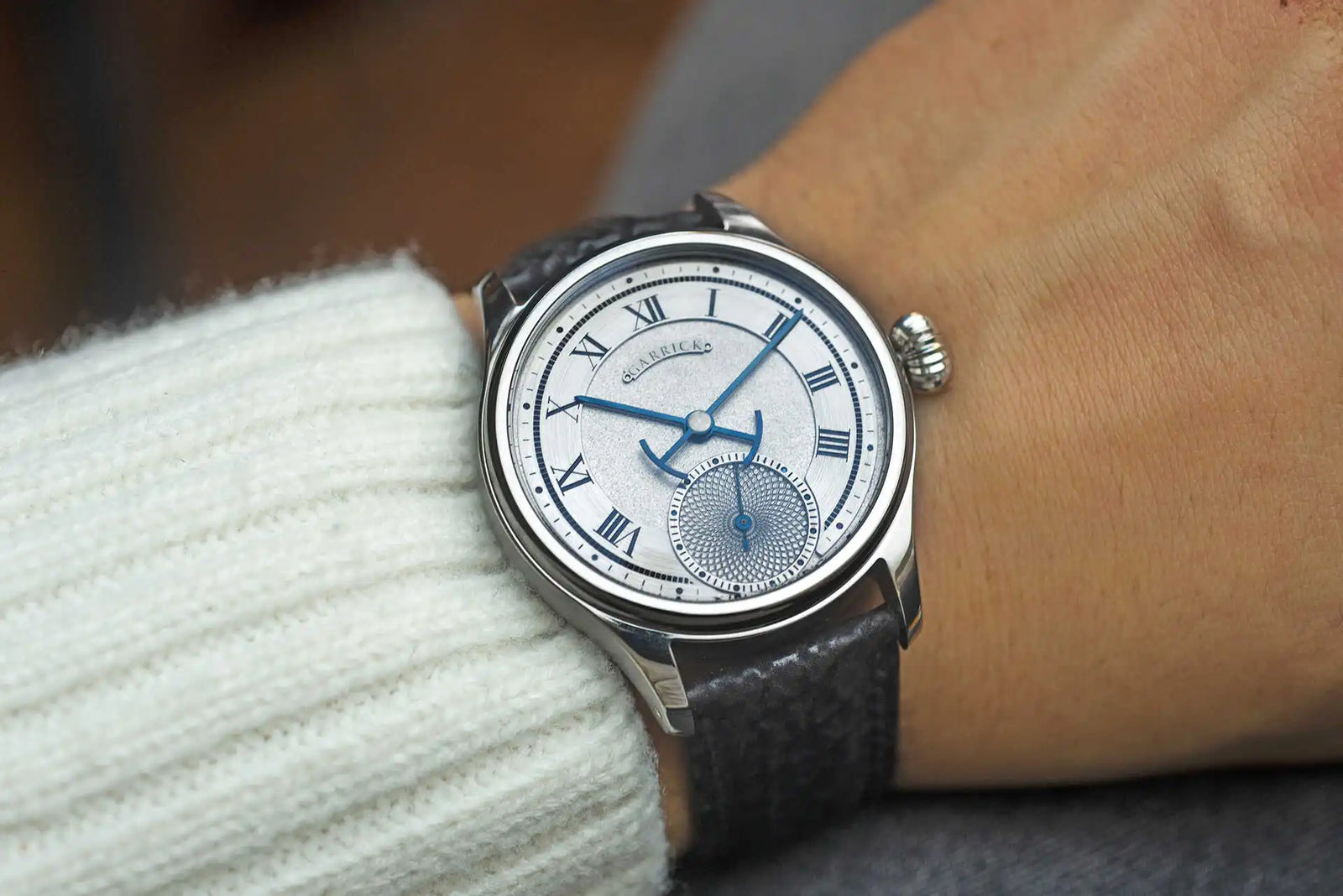 British made S4 timepiece with rhodium and engine turned dial by garrick Watchmakers