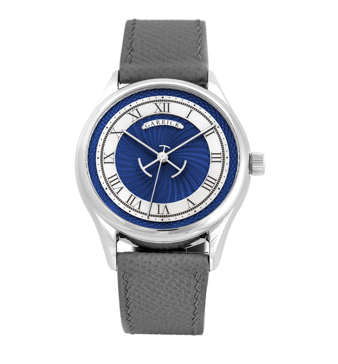 British made S5 watch with blue engine turned dial by Garrick Watchmakers