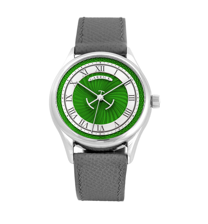 British made S5  watch with green guilloche dial and in-house watch movement by Garrick
