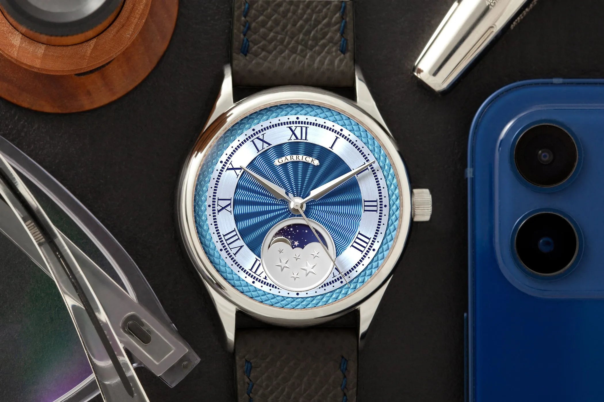 Britsih made S5 watch with moon phase by Garrick watchmakers