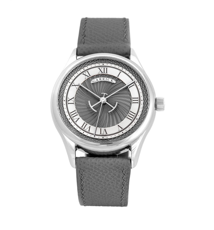 British made S5 watch with grey rhodium guilloche dial by Garrick