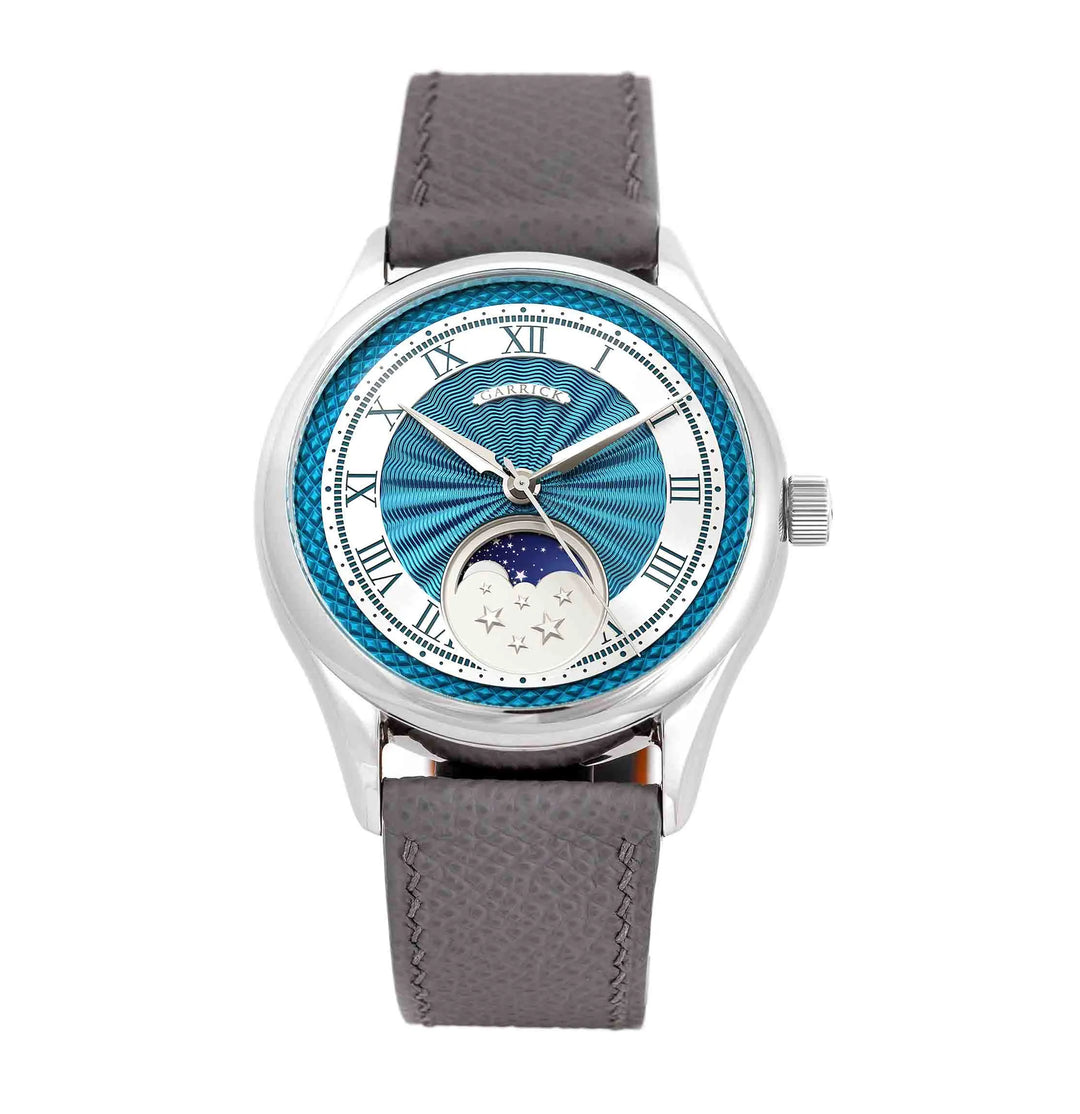British made S5 watch with moon phase and blue guilloche dial by Garrick watchmakers