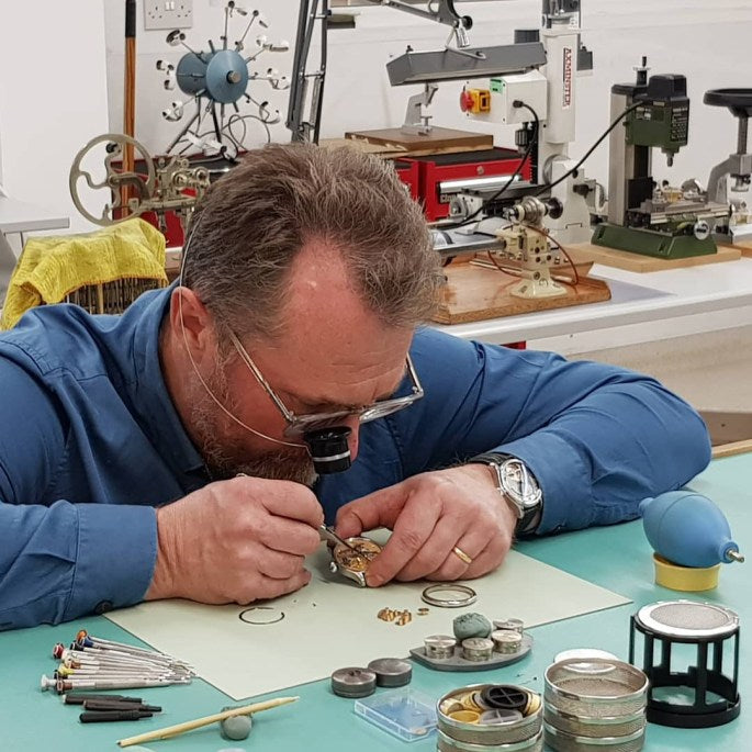 Watchmaker Simon Michlmayr in the Garrick workshop