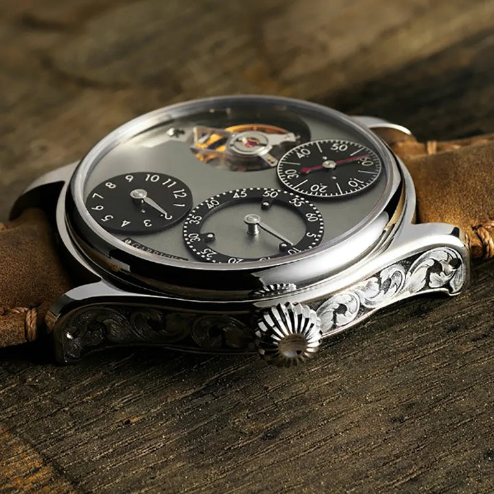 Regulator watch with engraved case made in England by British watch brand Garrick