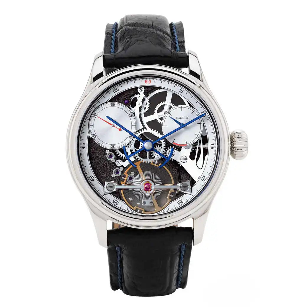 S3 English made watch with rhodium skeletonised dial made in England by Garrick Watchmakers